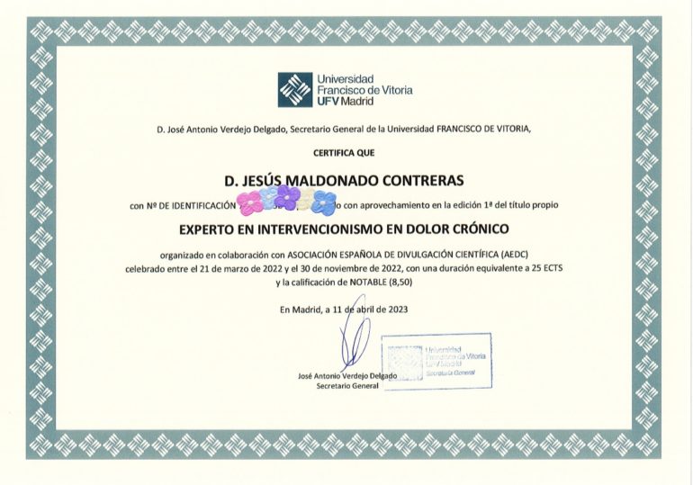 El Dr Jesús Maldonado Contreras acreditado como Experto Universitario en Intervencionismo en Dolor Crónico
