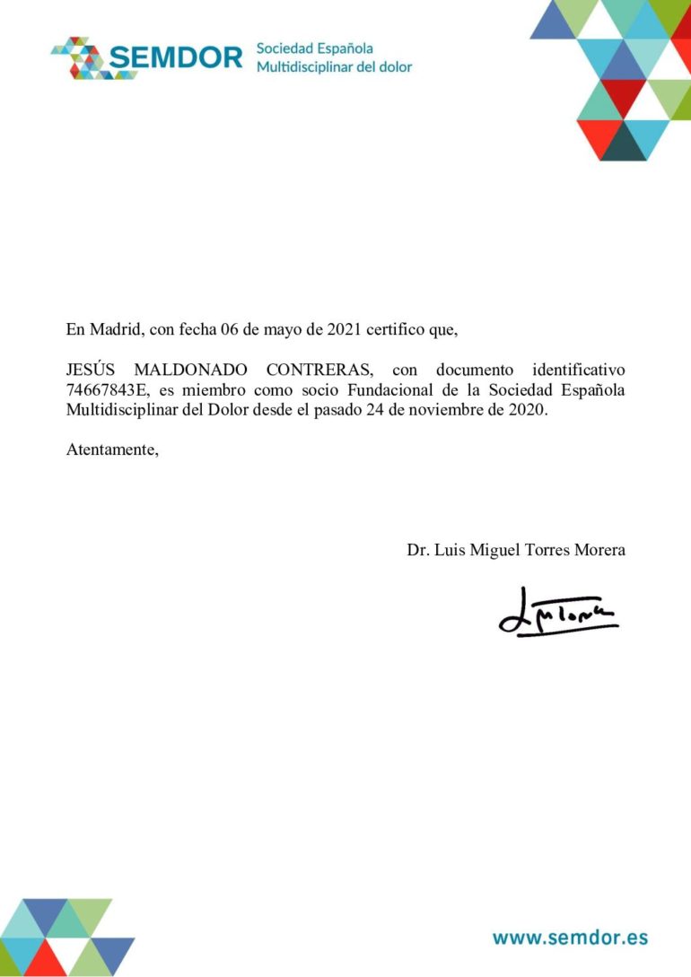El Dr. Jesús Maldonado miembro fundacional de la Sociedad Española Multidisciplinar del Dolor